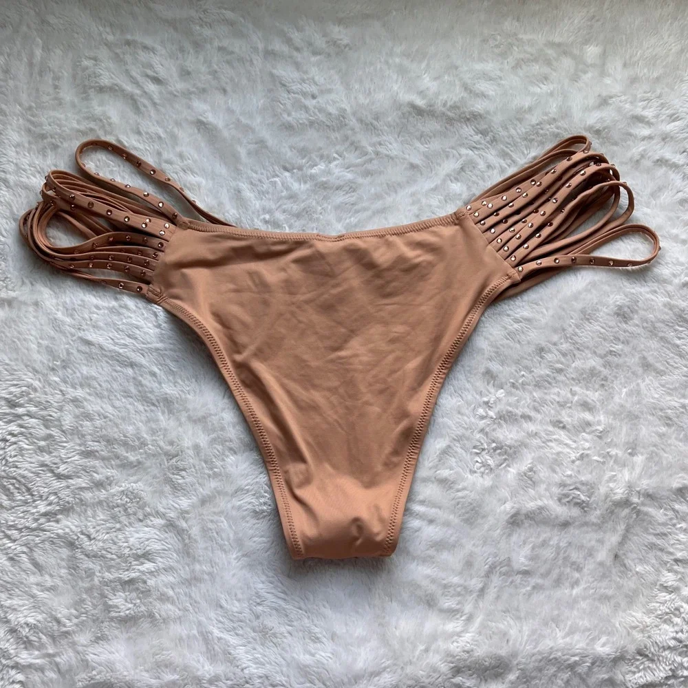 SKIMS Rhinestone Swim Strappy Bikini Bottom Ochre Tan Size 3X BB-CKY-3185 NEW